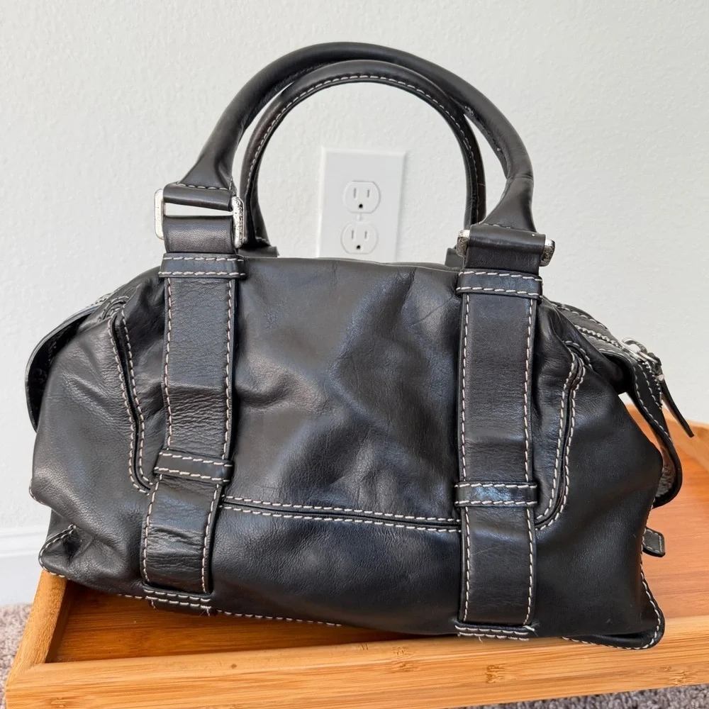 Y2K 90’s Michael Kors Satchel Black Leather Stitched Silver Distressed Bikercore